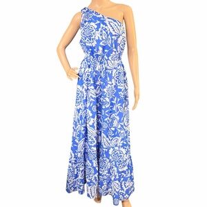 SugarLips One Shoulder Blue White Floral Maxi Dress Cotton Lined Size M